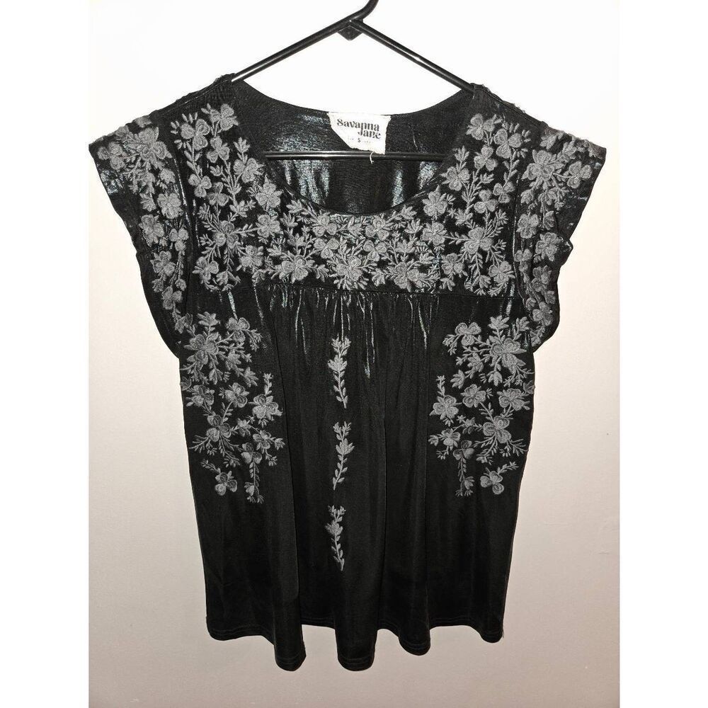 Savanna Jane Black Shine Embroidered Top